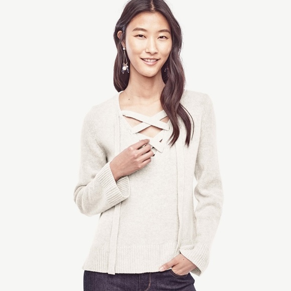 Ann Taylor  White Wool Cashmere Lace Up Sweater - Picture 1 of 2